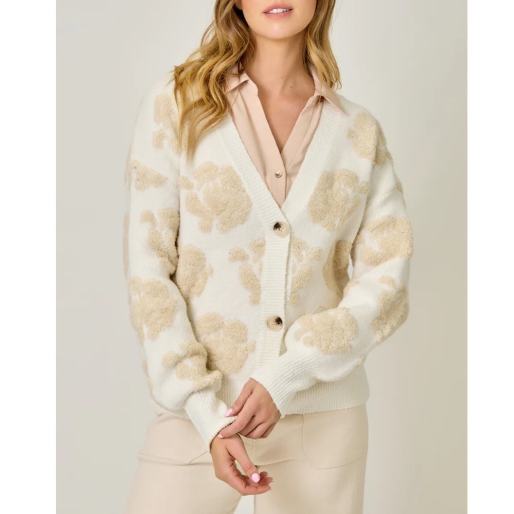 Mystree fuzzy floral button-down cardigan